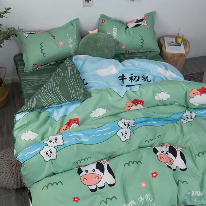 Trọn Bộ 4 Món Chăn Ga Gối Cotton Poly Nhập Mẫu BÒ SỮA XANH