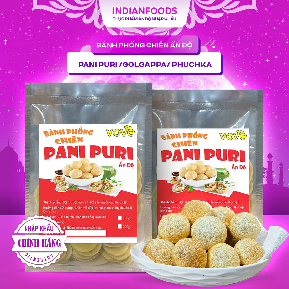200g Bánh phồng chiên Ấn Độ Pani Puri Golgappa Phuchka hình trái banh