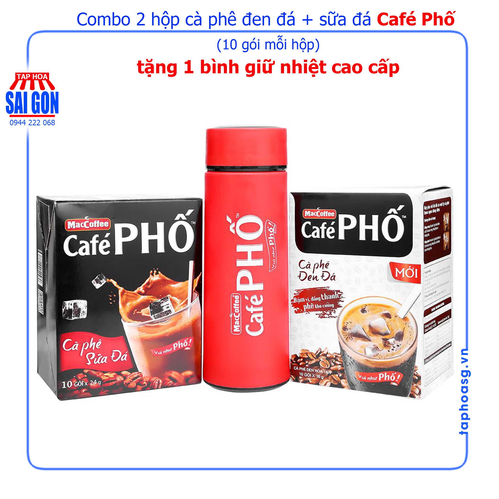 Combo 2 hộp cà phê sữa đá + đen đá cafe Phố tặng kèm 1 bình giữ nhiệt cao cấp giúp bạn giữ món uống yêu thích nóng cả ngày