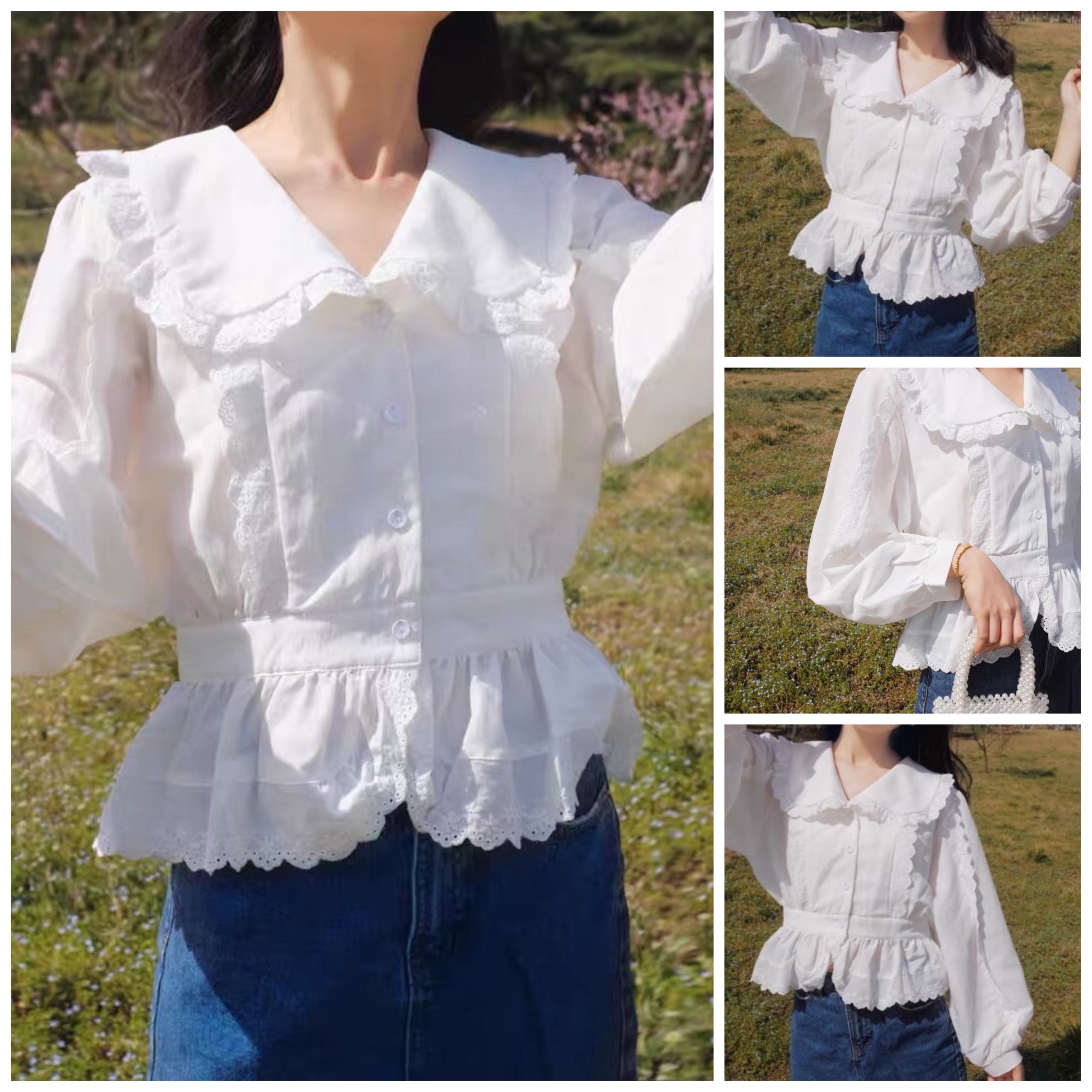 Áo sơ mi dáng peplum viền ren tay dài - Hình thật