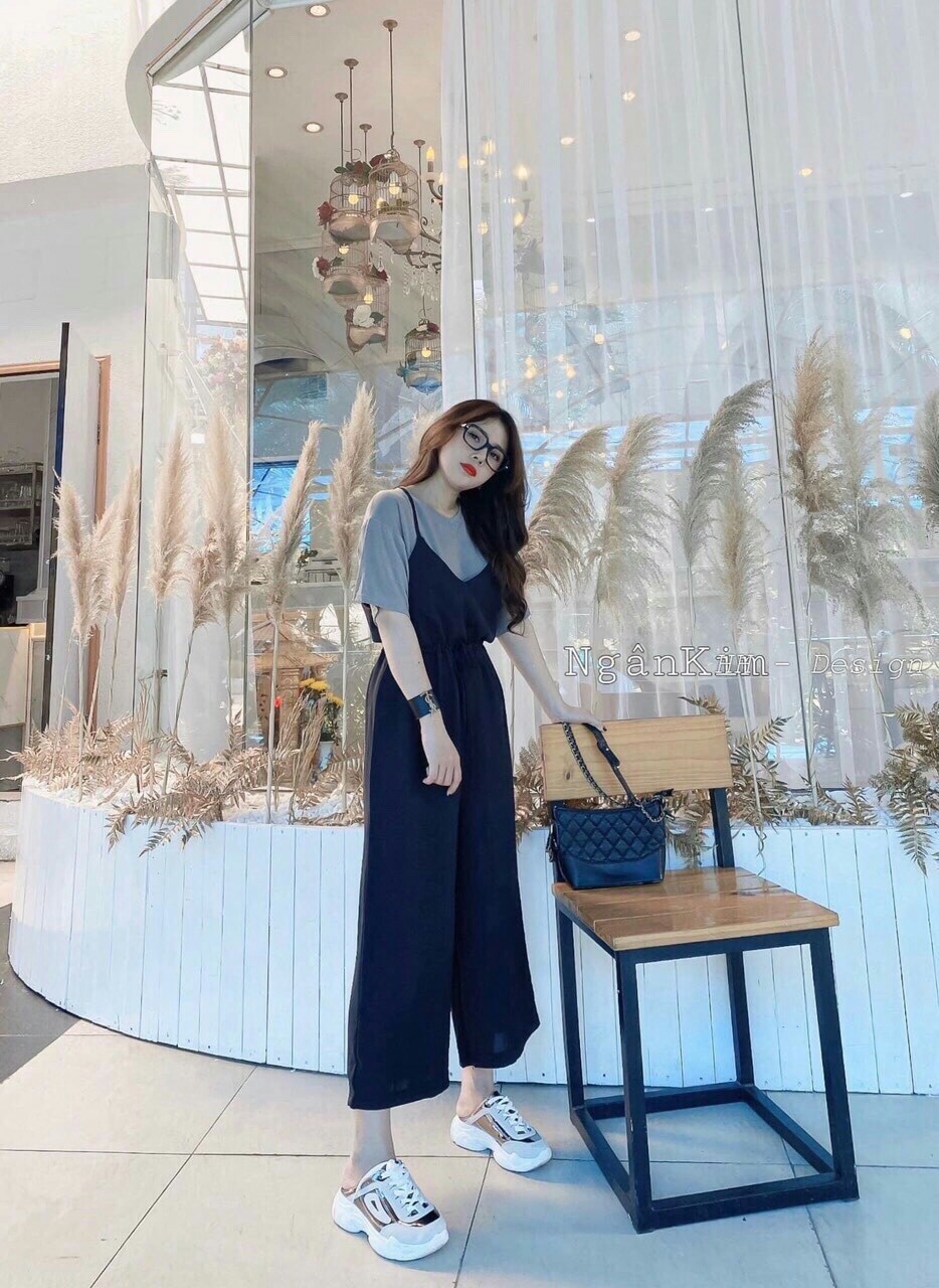 [HCM]Sét Bộ Jum 2 Dây Cổ Yếm Quần Dài Ống Rộng & Áo Thun COTTON Phong Cách Cá Tính.Qc