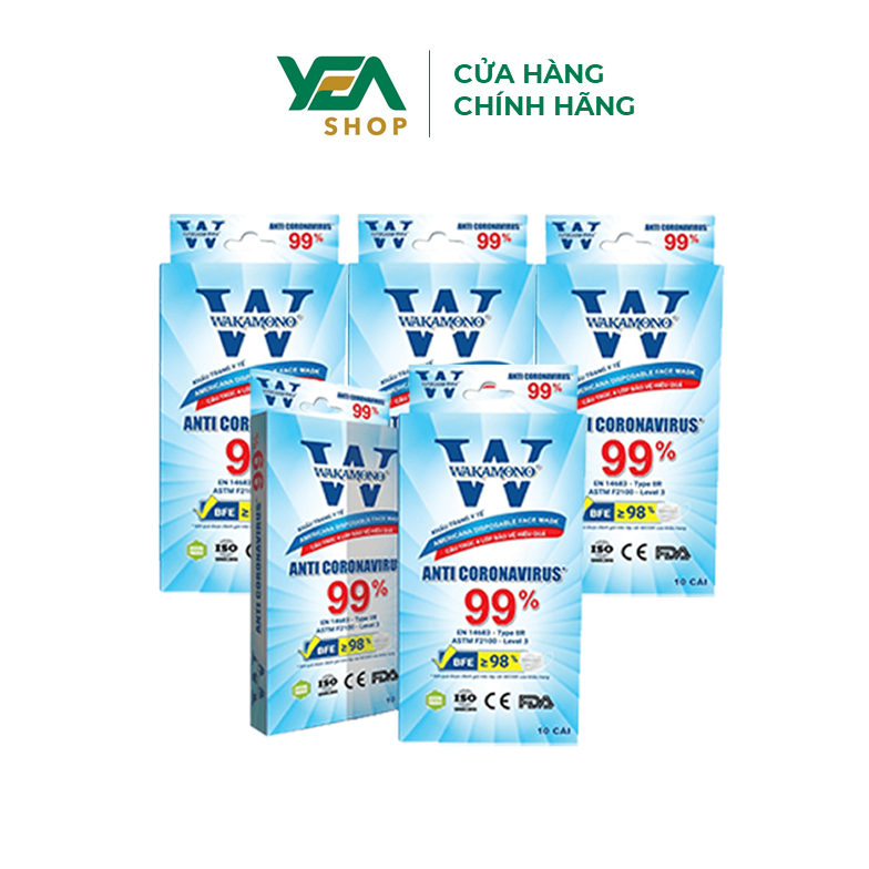 Combo 5 Khẩu trang Wakamono Người lớn - (4 Lớp Hộp 10 Cái x 5 Hộp)