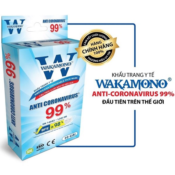 Hộp 10 cái Khẩu trang WAKAMONO diệt 99% Vius Corona đầu tiên trên thế giới