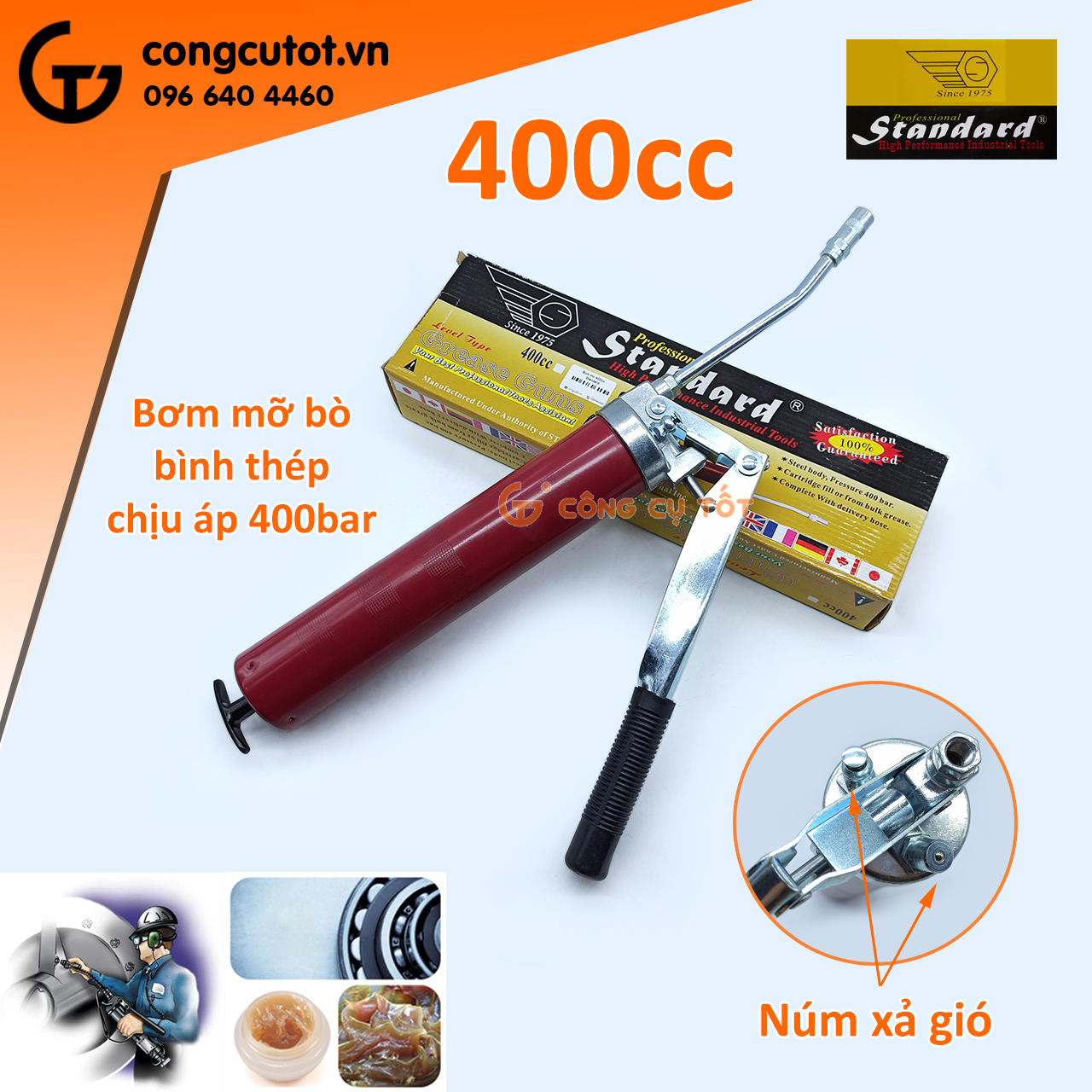 Bơm mỡ bò Standard Đài Loan 400cc bình thép đỏ