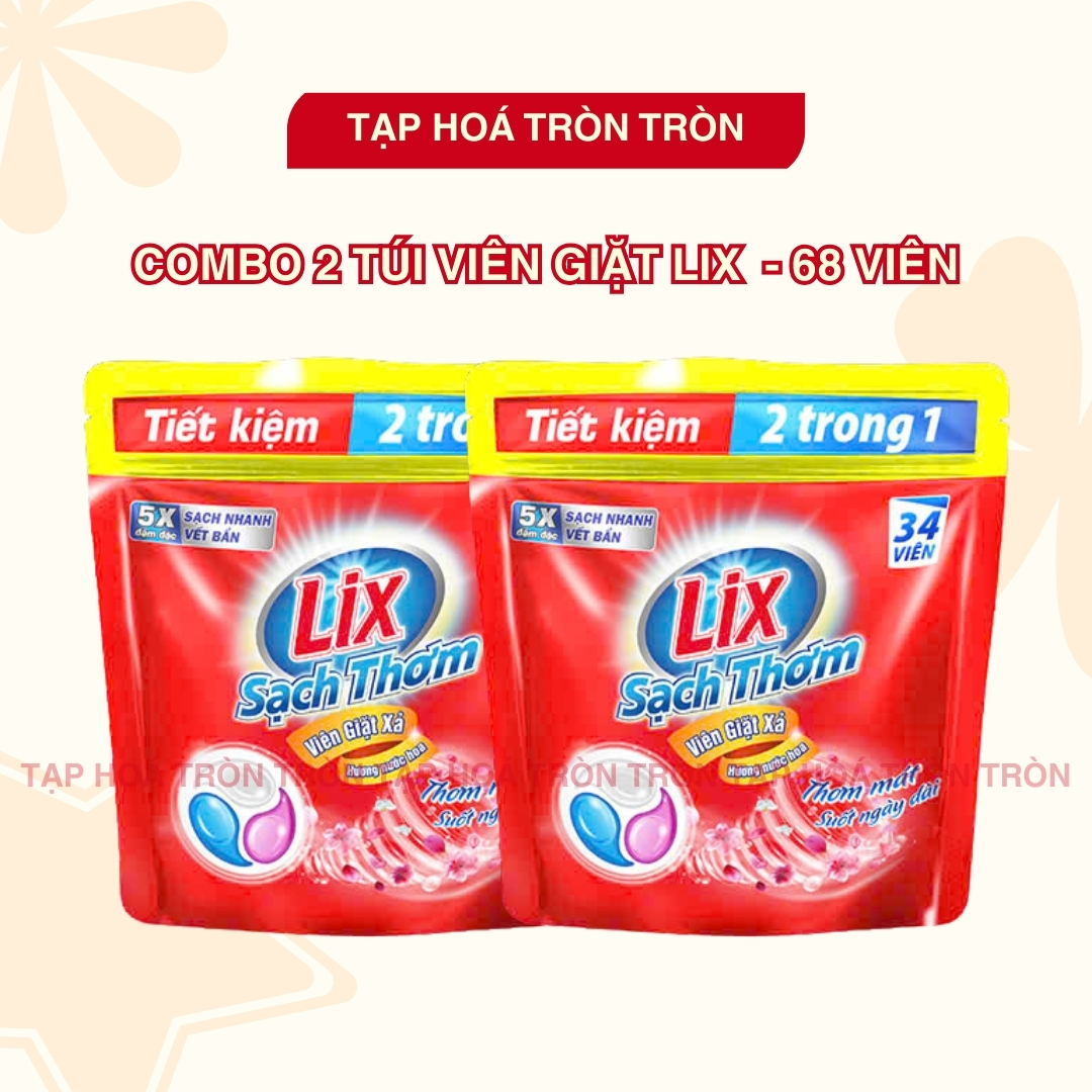  COMBO 2 TÚI Viên giặt xả 2 trong 1 LIX hương nước hoa sạch thơm mát suốt ngày dài 68 viên 