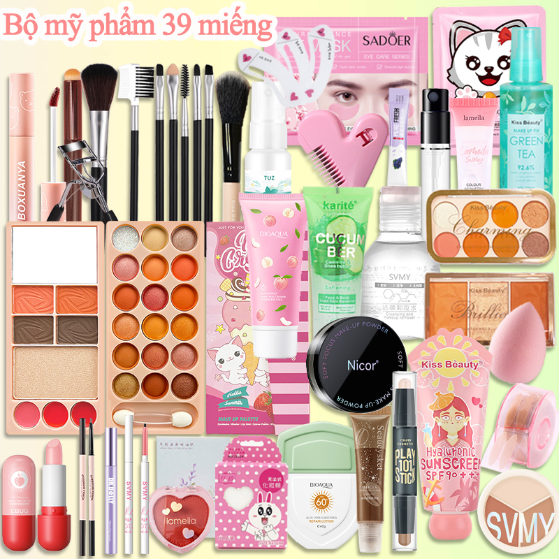 1 bộ gồm 39 bộ dụng cụ làm sạch và bộ trang điểm cho học sinh (25 dụng cụ trang điểm + 14 dụng cụ chăm sóc da),Lớp trang điểm lâu trôi, làm sạch sâu