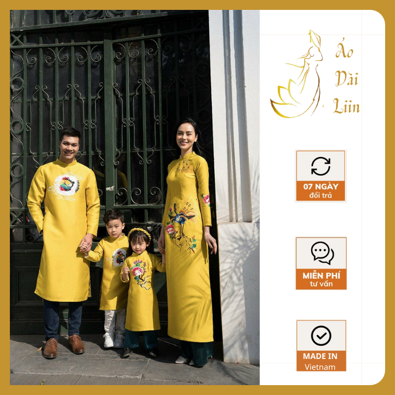 Áo Dài Cách Tân Gia Đình [Liin] Áo Dài Tết Nền Vàng Thêu Chim Hạc Chất Liệu Vải Cao Cấp Cho Bố, Mẹ, Bé Trai, Bé Gái GD02V