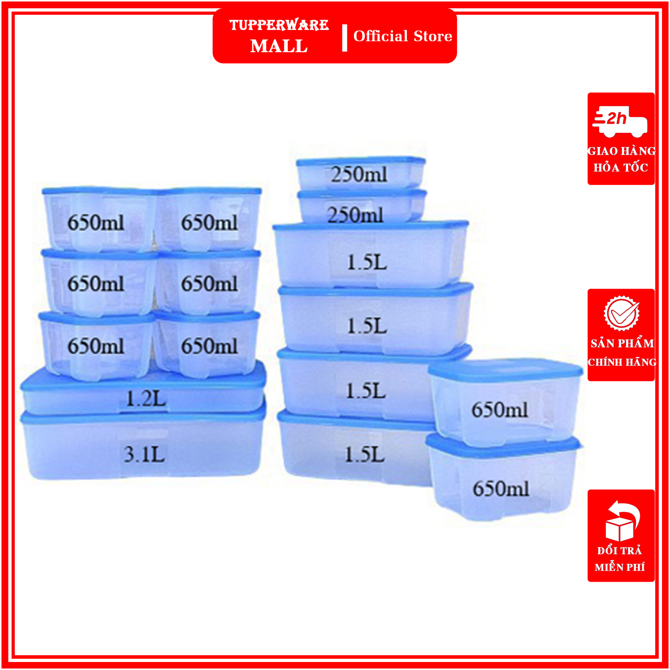 Hộp trữ đông tupperware đủ size 3.1l, 2.3l, 1.2l, 1.5l, 650ml, 250ml