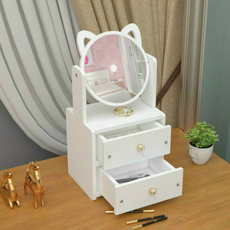 Bàn Trang Điểm Mini Có Gương Mèo Hello Kitty Bằng Gỗ Nhựa Để Phòng Ngủ - Màu Trắng Nhỏ Gọn Đựng Mỹ Phẩm 27 x 17x 13cm