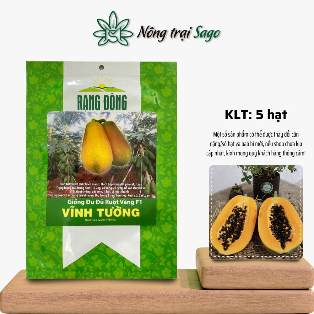 Hạt giống Đu Đủ Ruột Vàng F1 Vĩnh Tường (5 hạt) Trái nặng 1,5-2kg, ruột vàng, trồng quanh năm, thu nhiều lần, hiệu Hạt giống Rạng Đông - Nông Trại Sago