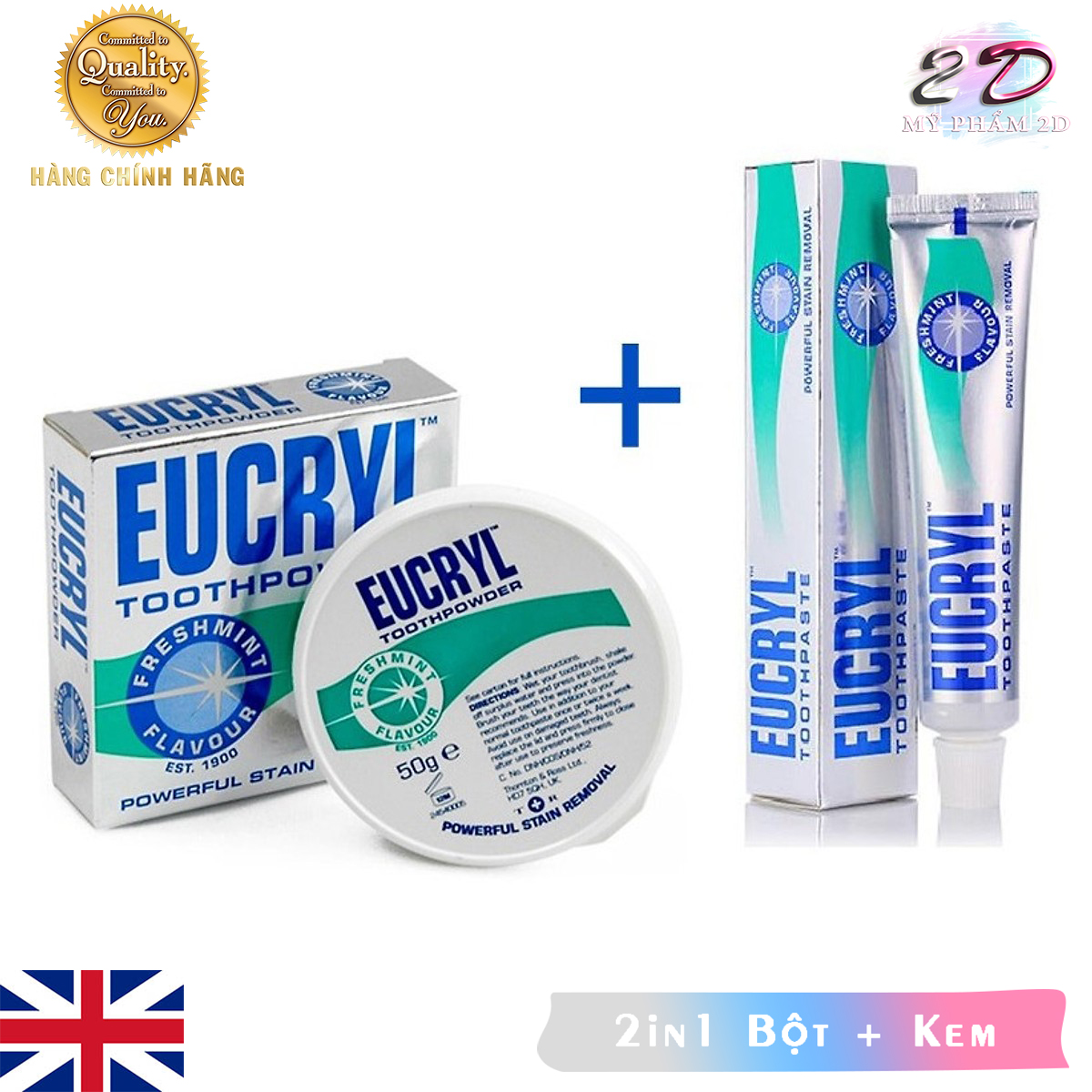 2in1 Kem đánh răng / Bột trắng răng EUCRYL trắng sáng, thơm miệng - Anh Quốc (Có dán tem phụ)