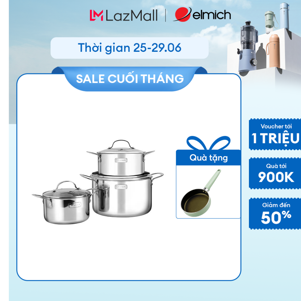 (Chỉ 25-29.06)Bộ nồi inox 3 lớp đáy liền Elmich 2103OL size 18,20,26cm