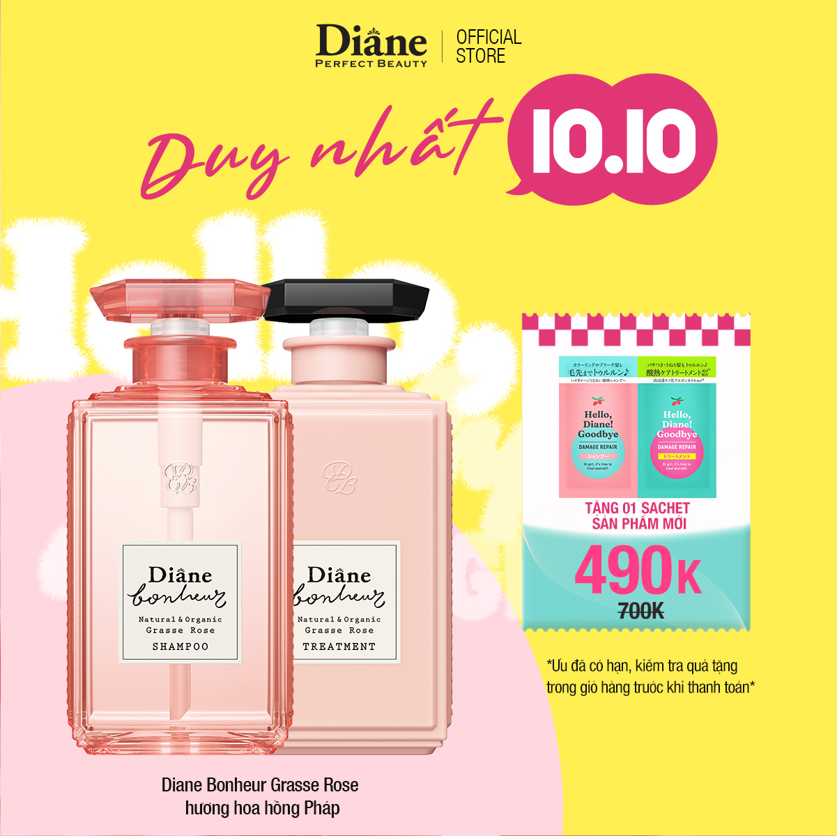 Bộ dầu gội xả phục hồi hư tổn dưỡng tóc bồng mượt Diane Bonheur Grasse Rose hương hoa hồng Pháp