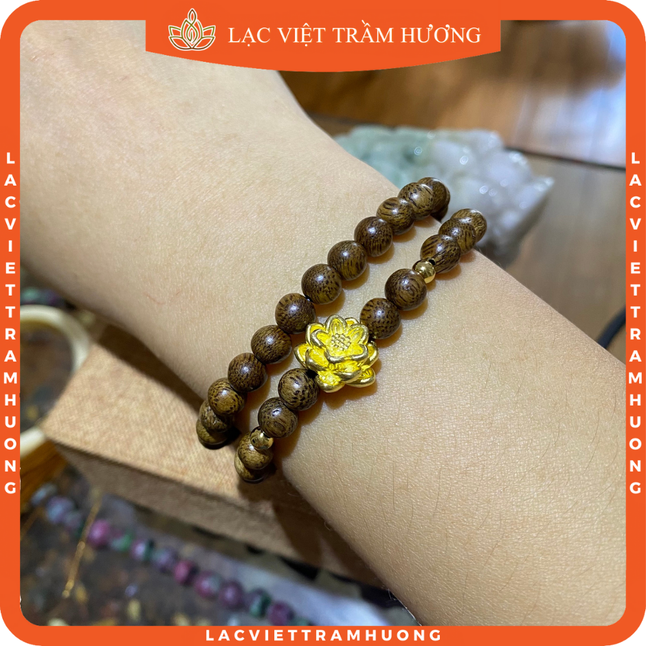 Vòng tay trầm hương 54 hạt 6mm vòng đôi hoa sen vàng phú quý trầm tốc cao cấp | lạc việt trầm hương