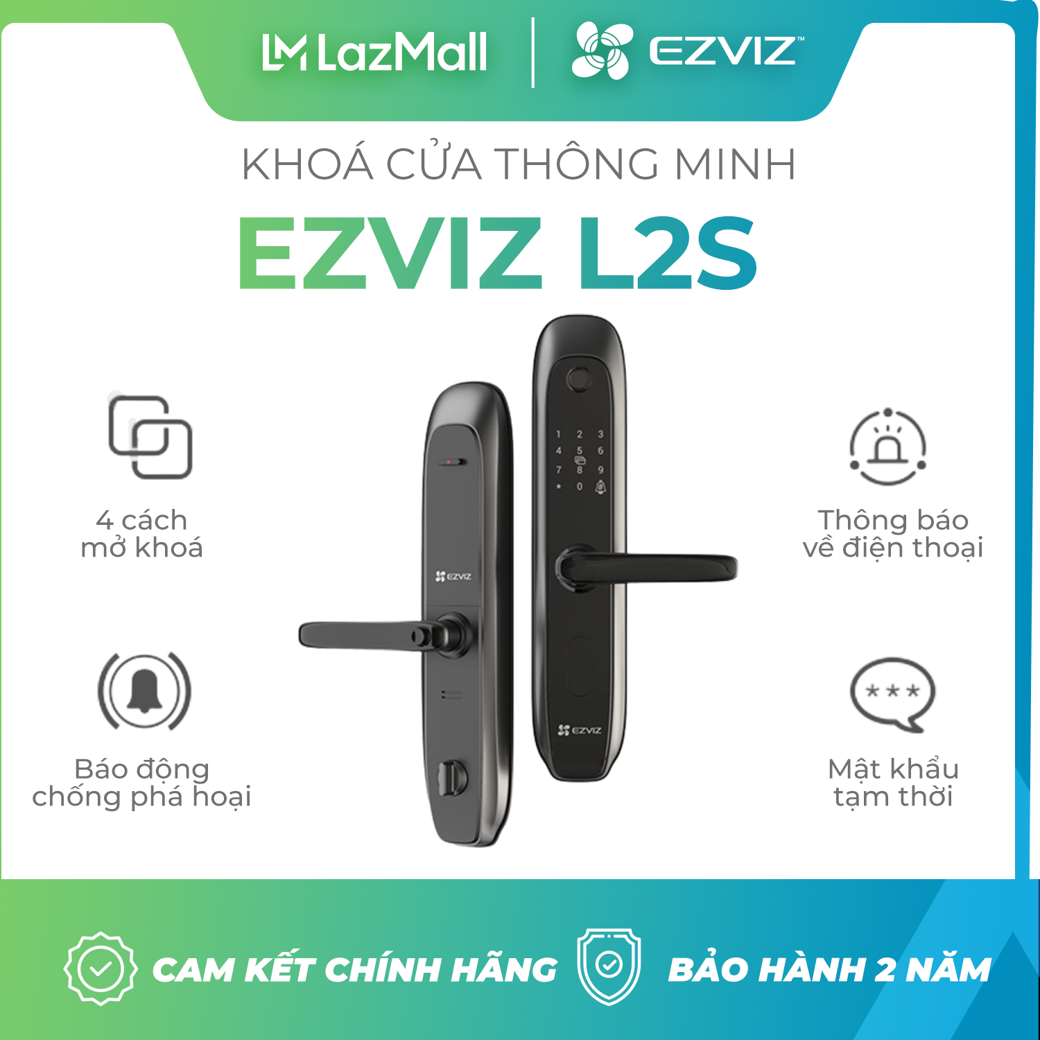 Khoá thông minh Ezviz L2S - Khoá cửa 5 cách mở, khoá vân tay, mật mã, khoá tích hợp chuông cửa, tạo mật khẩu tạm thời, gửi thông báo lên điện thoại, Bảo hành chính hãng 24 tháng