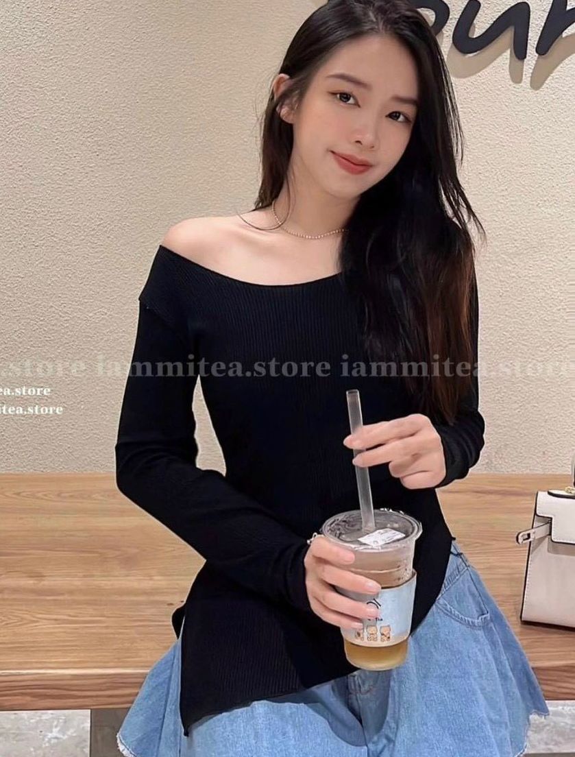 Áo Thun Nữ Dài Tay Croptop Trễ Vai Thun Mềm Mại Cao Cấp Ngang  vạt áo nhọn lệch bên