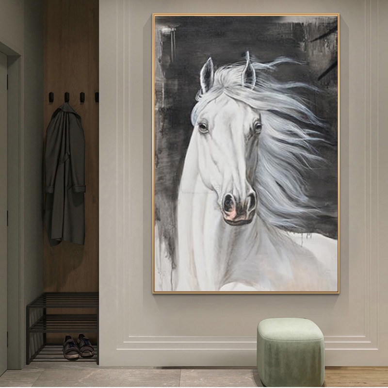 Kích thước lớn nghệ thuật vẽ tranh tường hiện đại Bắc Âu-Hình ảnh con ngựa trắng Áp phích động vật và bản in-Hoàn hảo cho trang trí phòng khách-cuadros-không bao gồm khung