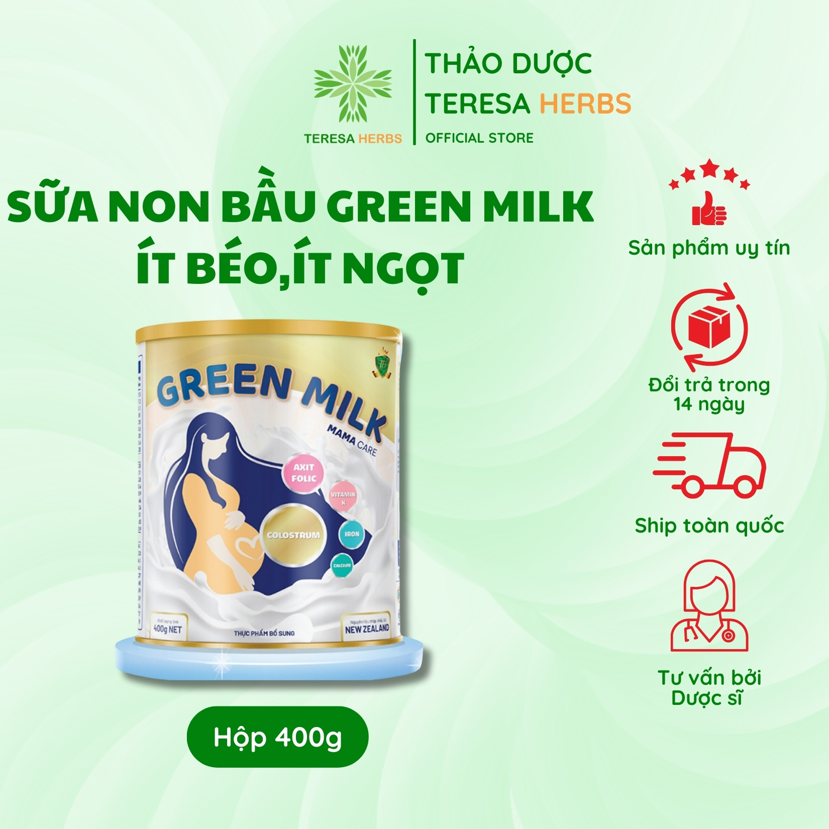 Sữa bột cho bà bầu ít ngọt ít béo greenmilk hộp 400g