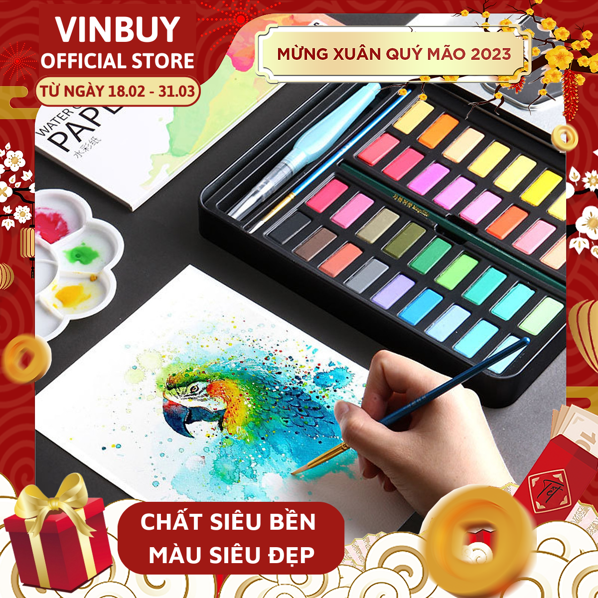 Bộ màu nước vẽ cao cấp vinbuy 36/48 màu - tặng kèm bút nước, bút lông, bút chì, miếng mút, và giấy vẽ - bộ màu nước 36/48 màu tiện dụng hộp thiếc sơn màu cao cấp - chính hãng vinbuy
