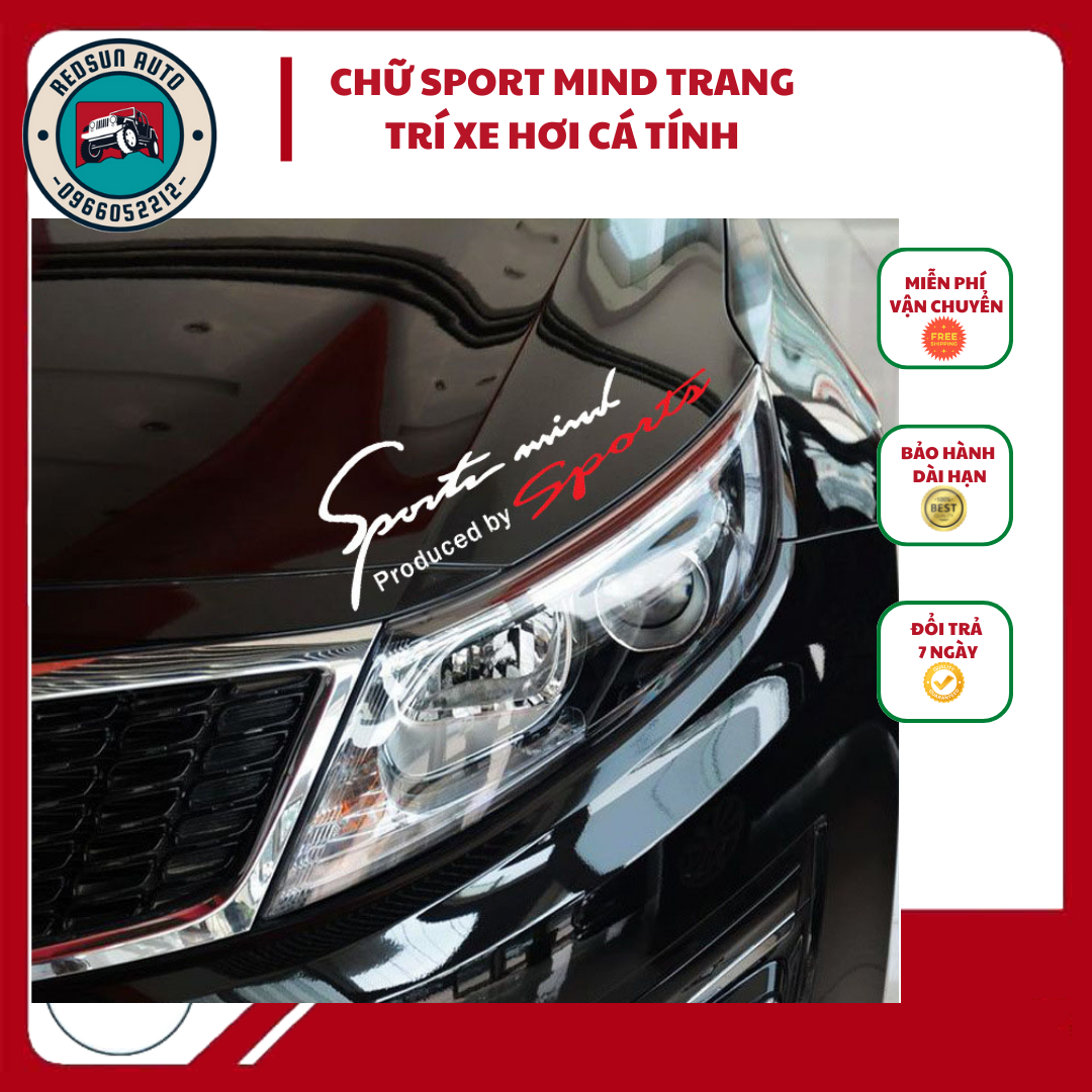 Tem Dán, Decal Sport Mind Dán Lên Nắp Capo Ô Tô, Xe Hơi, Trang Trí Xe Hơi Cực Chất Kích Thước 39x15cm - Màu Trắng Đỏ