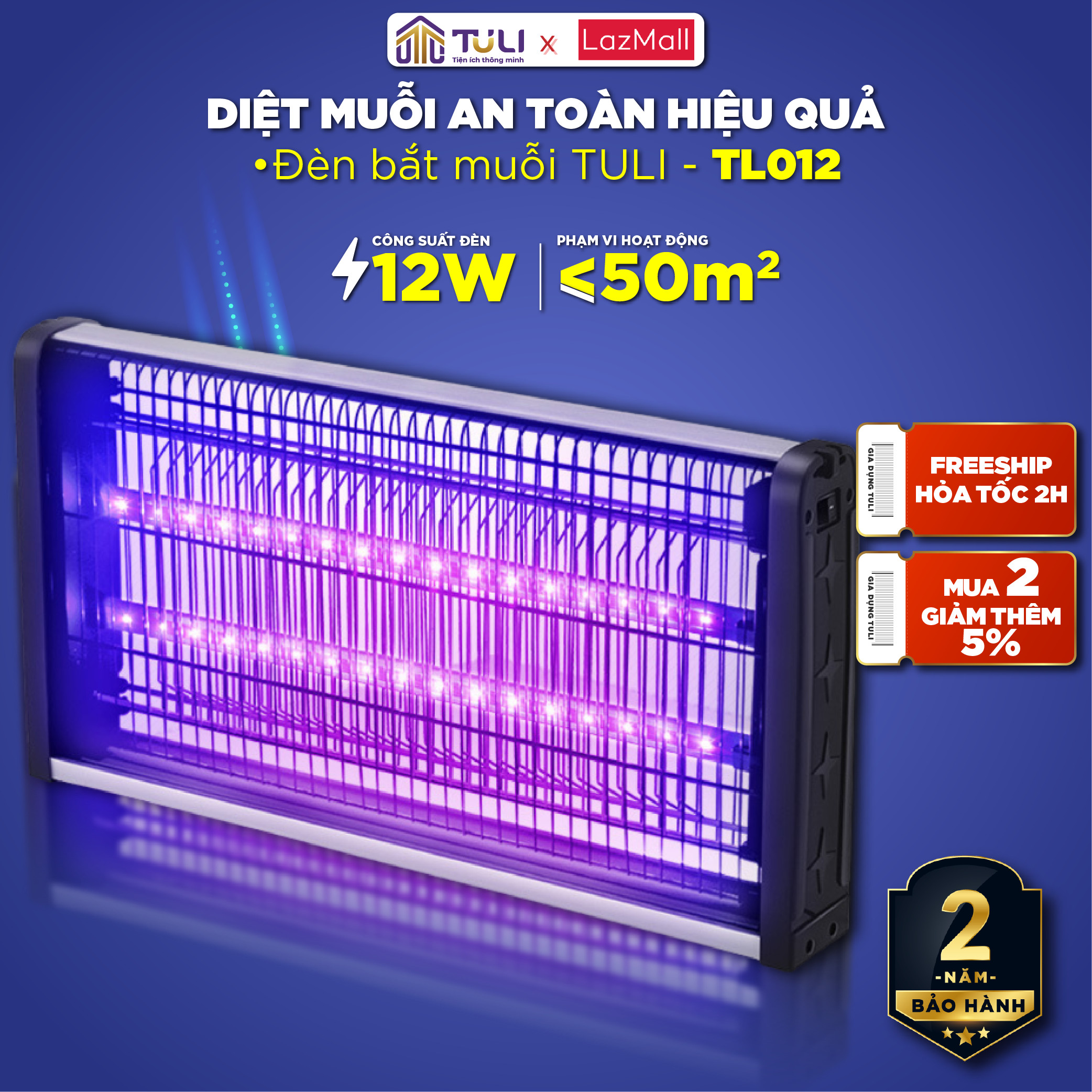 Đèn bắt muỗi TULI TL012, Công suất 12W, Máy thu hút diệt côn trùng tự động, Hiệu quả, Không độc hại, Bảo Hành 24 Tháng