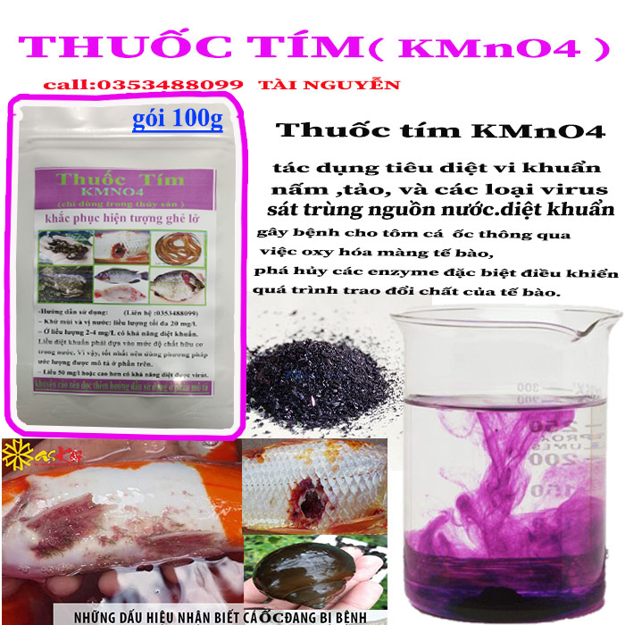 KMnO4  TÍM  DÙNG  CHO THỦY SẢN DIỆT KHUẨN SÁT  TRÙNG NGUỒN NƯỚC NUÔI TỐM ỐC CÁ LƯƠN ĐÙNG ĐỂ SÁT TRÙNG VÀ NGĂN NGỪA CÁC BỆNH GHẺ LỞ TRÊN THÂN ỐC ẾCH CÁ LƯƠN KMNO4 ĐƯỢC DÙNG ĐỂ SÁT TRÙNG VỆ SINH AO NUÔII