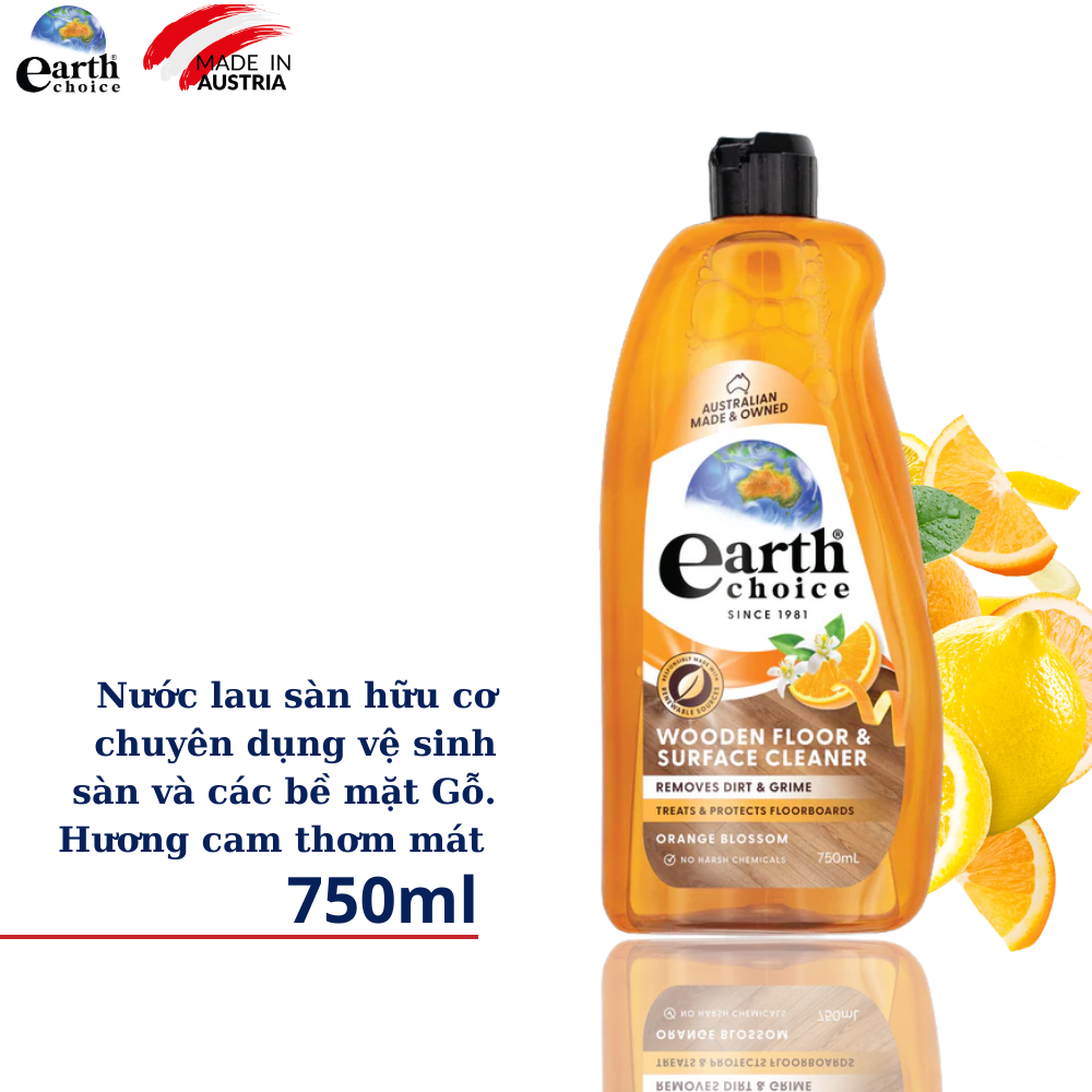 Nước lau sàn gỗ đậm đặc hữu cơ Earth Choice hương cam 750ml - NK Úc