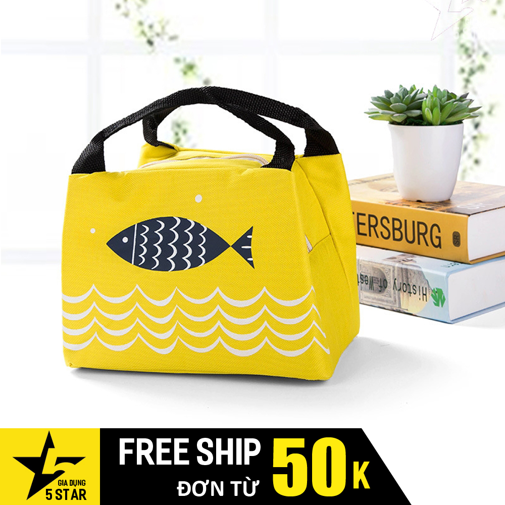 Túi giữ nhiệt đựng cơm, đồ ăn kiểu Nhật in hình cá có khóa kéo và quai xách chắc chắn 5STAR
