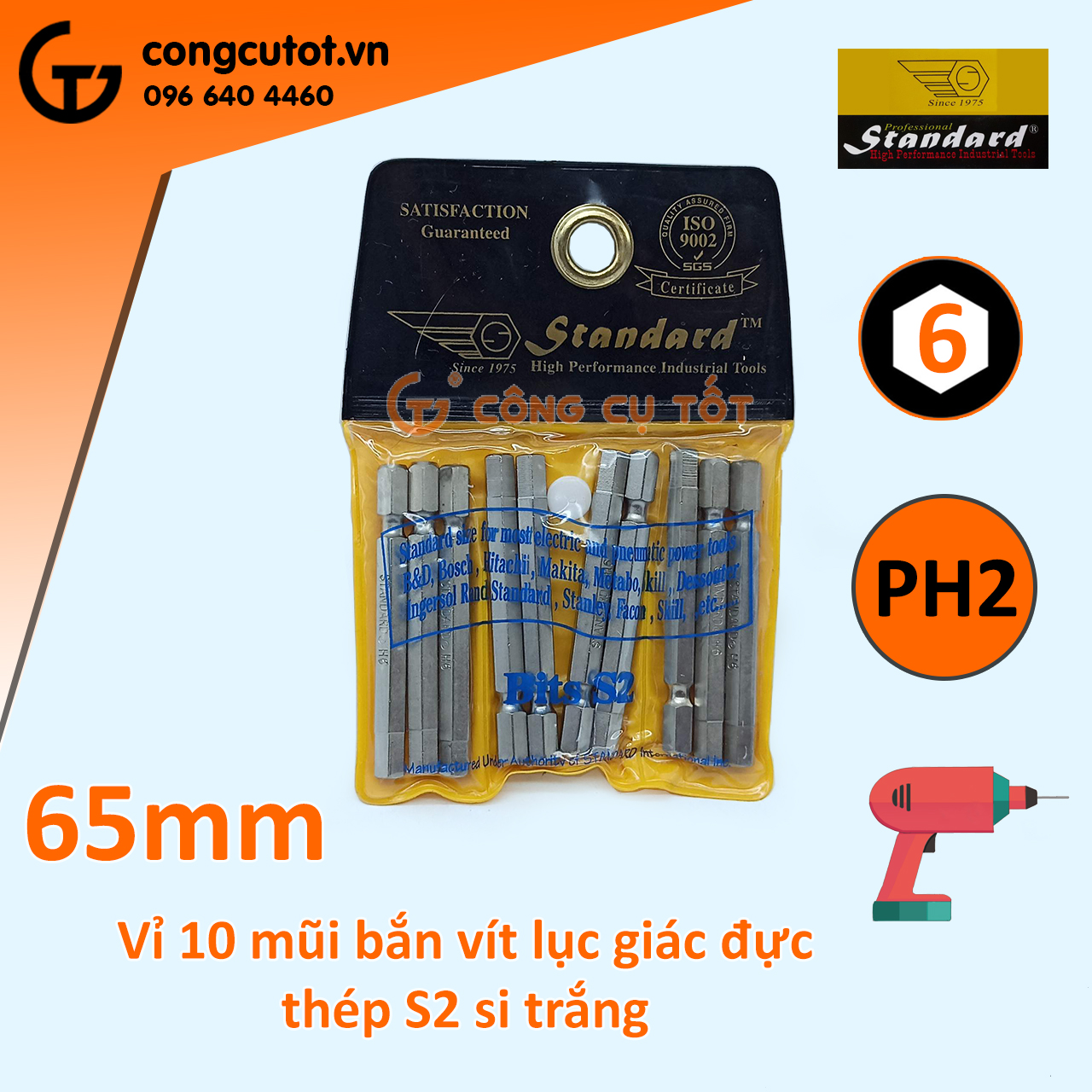 Vỉ 10 Đầu bắt vít lục giác đực Standard dài 65mm