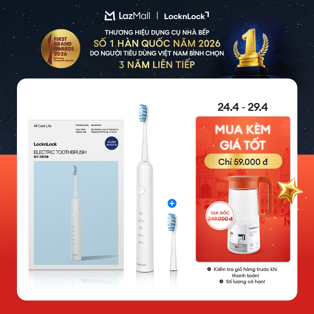 Bàn chải đánh răng điện LockLock Sonic Electric Toothbrush 40,000 VPM ENR331WHT - Công suất 1.8W - Màu trắng