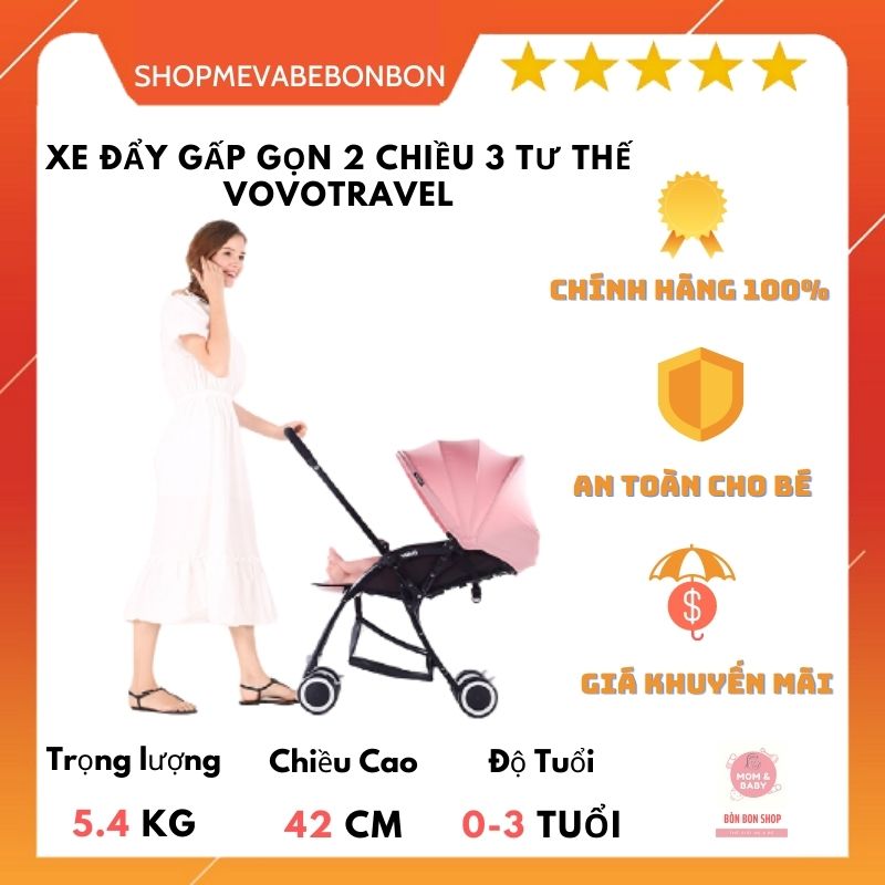 Xe đẩy em bé gấp gọn 2 chiều 3 tư thế vovotravel chính hãng 4 màu đen, hồng, xám xanh