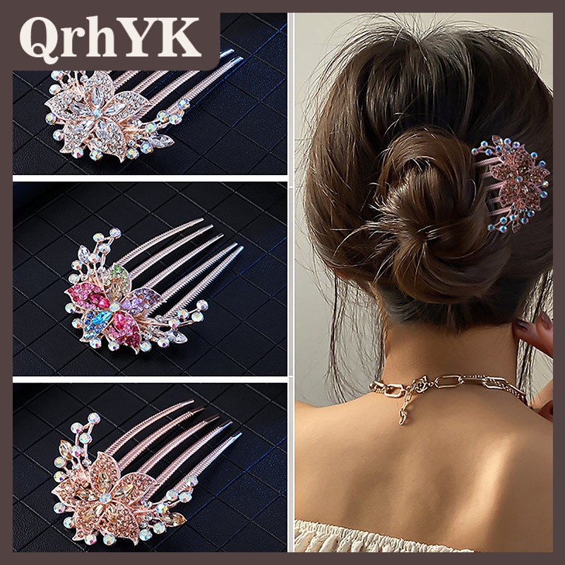 QrhYK Cổ Điển Pha Lê Hoa Tóc Clip Hàn Quốc Phong Cách Thời Trang Ngọc Trai Rhinestone Tóc Lược Sáng Bóng Kẹp Tóc Cho Phụ Nữ Tóc Phụ Kiện 
