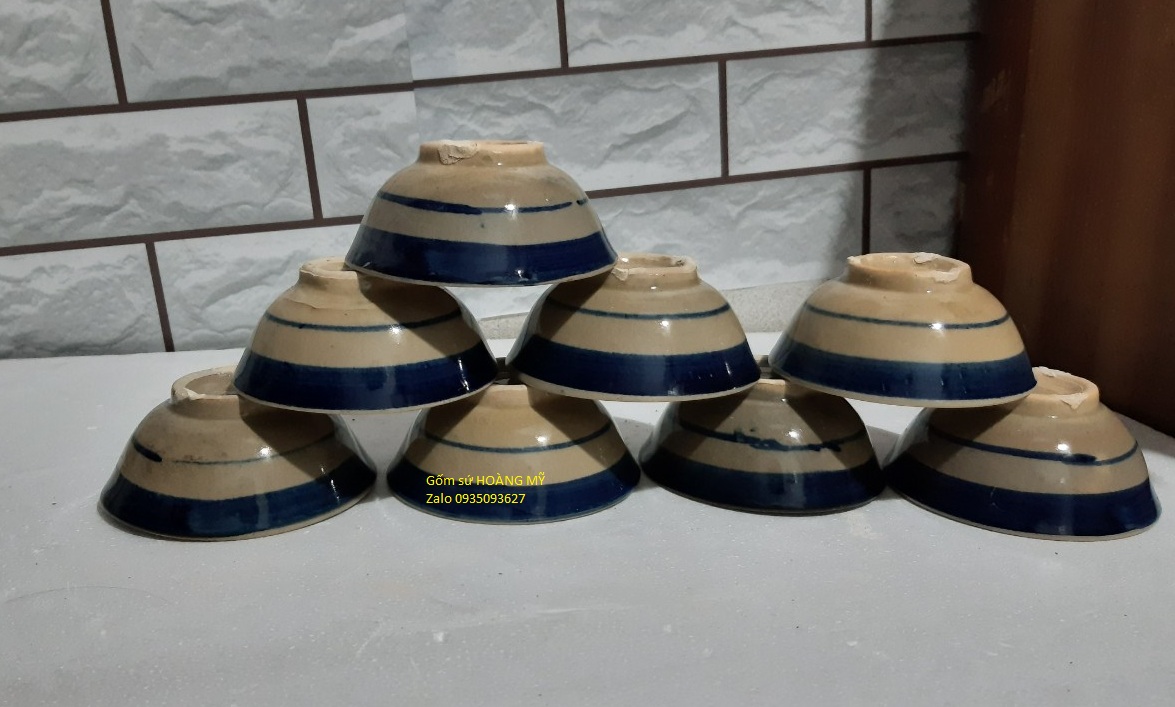 10 Chén kiểu xưa, chén chè, chén bún đậu viền xanh  loại 2 ( gốm sành)