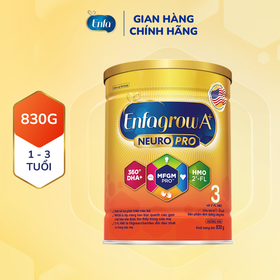 Sữa bột Enfagrow A+ NeuroPro 3 Vị thanh mát 2FL HMO với dưỡng chất DHA  MFGM cho trẻ từ 1–3 tuổi – 830g