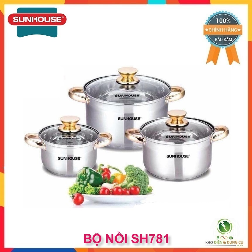 BỘ NỒI INOX 5 ĐÁY SUNHOUSE SH781 / SHG788 DÙNG ĐƯỢC CHO BẾP TỪ ( KÍCH THƯỚC 16-20-24CM )