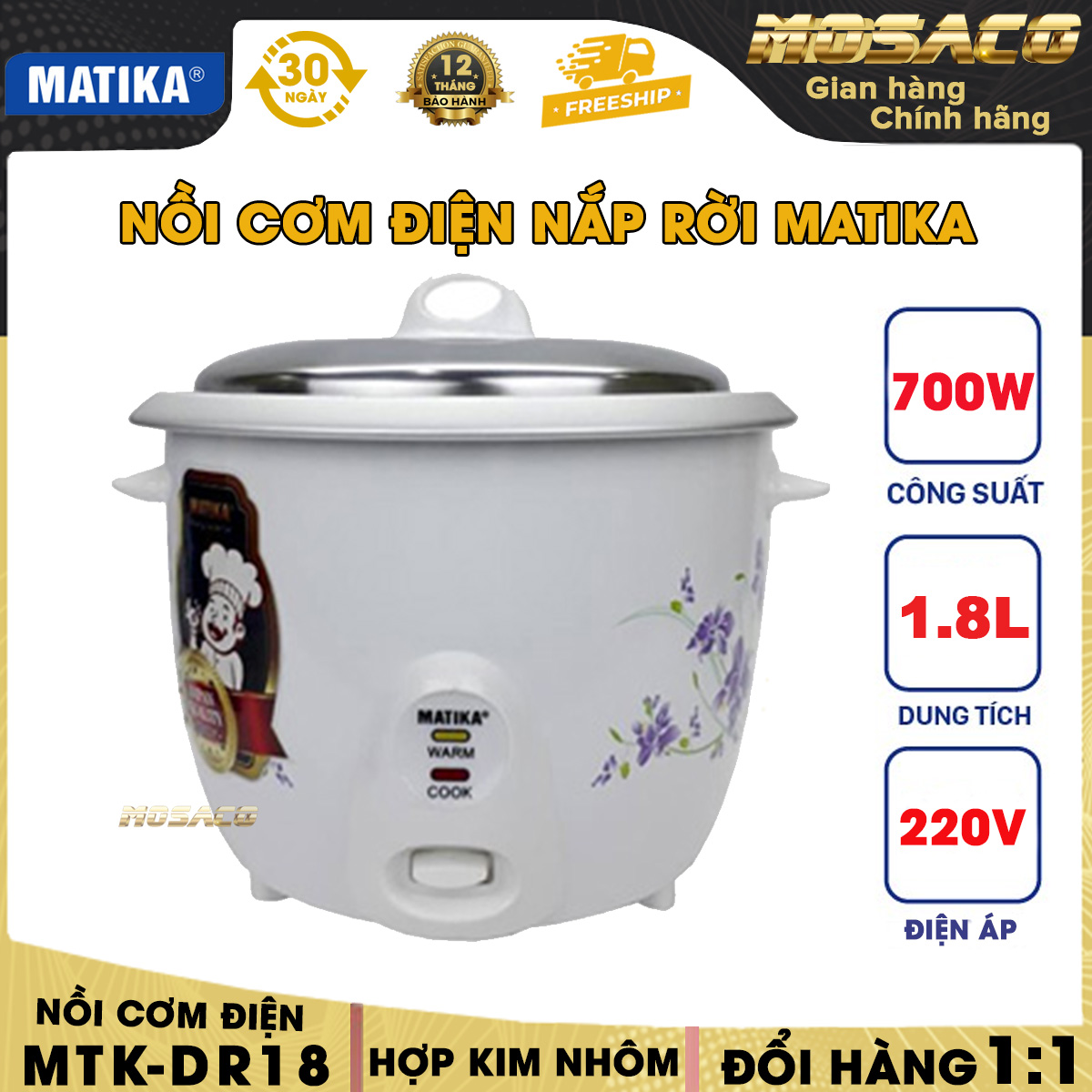 Nồi cơm điện nắp rời matika mtk-dr18 1,8l. nồi cơm điện matika với công suất 700w chất liệu hợp kim nhôm có chống dính kèm muỗng xới cơm và ly đong gạo bảo hành 12 tháng đóng gói cẩn thận -mosaco