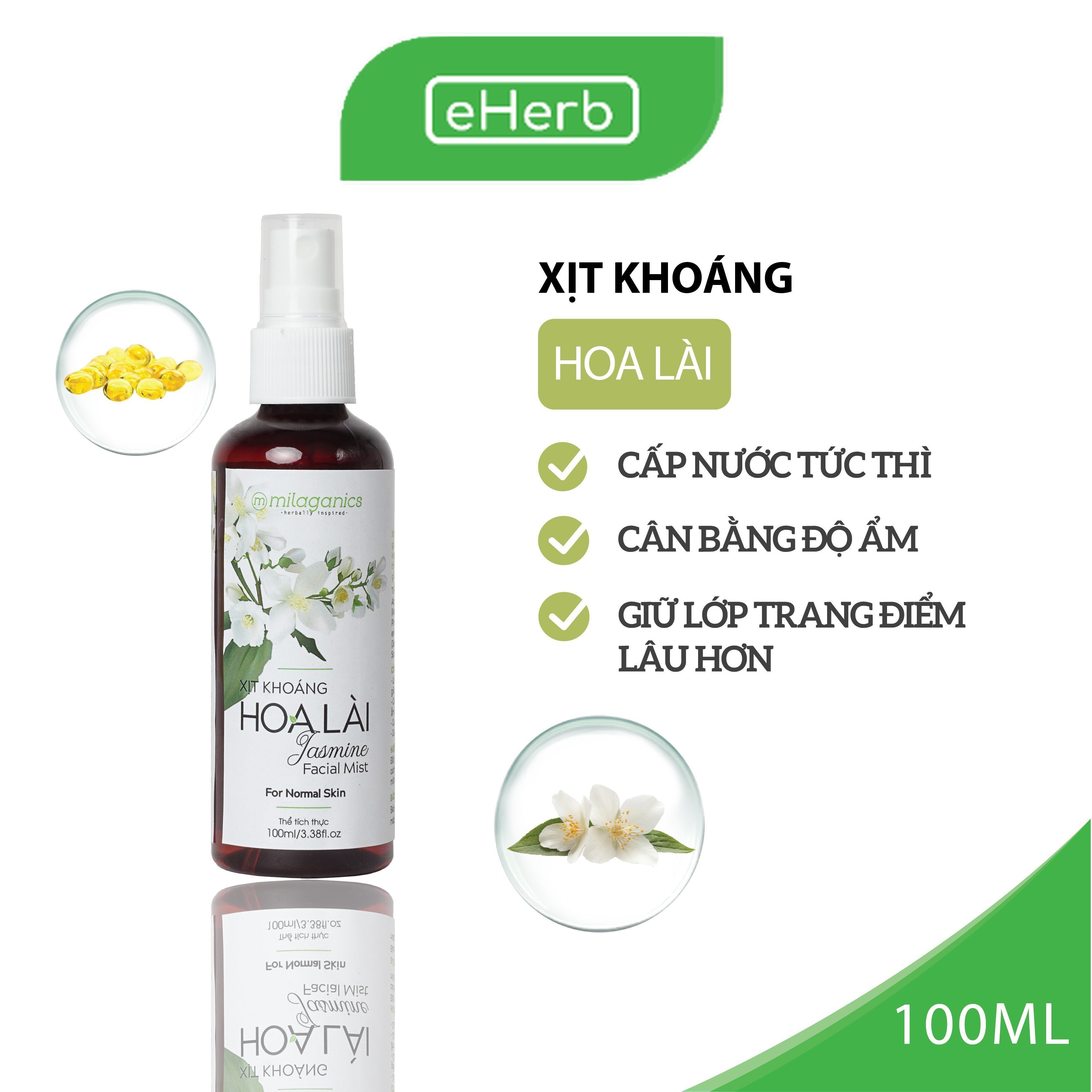 Xịt Khoáng Hoa Lài Cấp Nước Tức Thì Làm Dịu Da & Cân Bằng Độ Ẩm MILAGANICS 100ml (Chai)