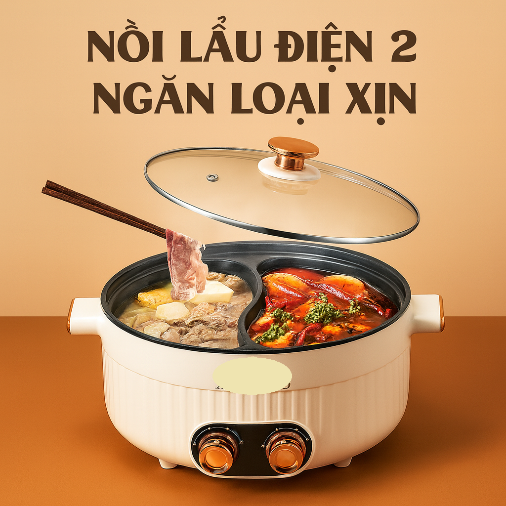 Nồi Lẩu Điện Chia Đôi Cao Cấp – 2 Núm Điều Chỉnh Riêng, Lòng Nồi Siêu Bền