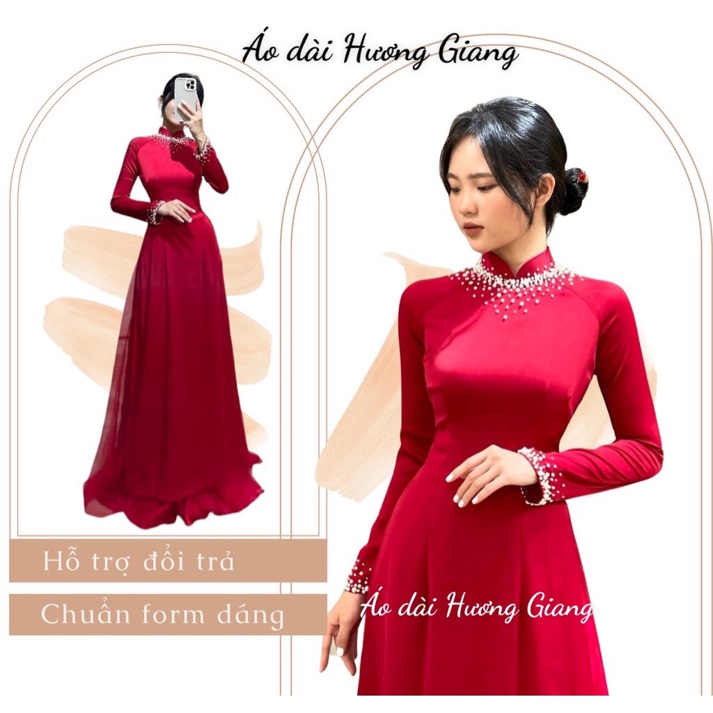 Áo dài màu đỏ đính kết lụa tây thi cao cấp mềm mịn, co dãn, áo dài cô dâu, áo dài cưới - Áo Dài Hương Giang