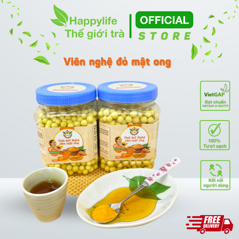 Tinh bột nghệ đỏ viên mật ong happylife hộp 500g - đẹp dáng, sáng da, mờ thâm nám, tốt cho dạ dày, ngừa u.n.g t.h.ư