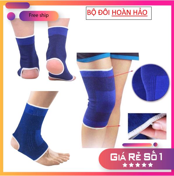 combo bảo vệ đầu gối + bảo vệ gót chân màu xanh, giúp ổn định và chắc chắn khớp gối, gót chân khi hoạt động cường độ nặng
