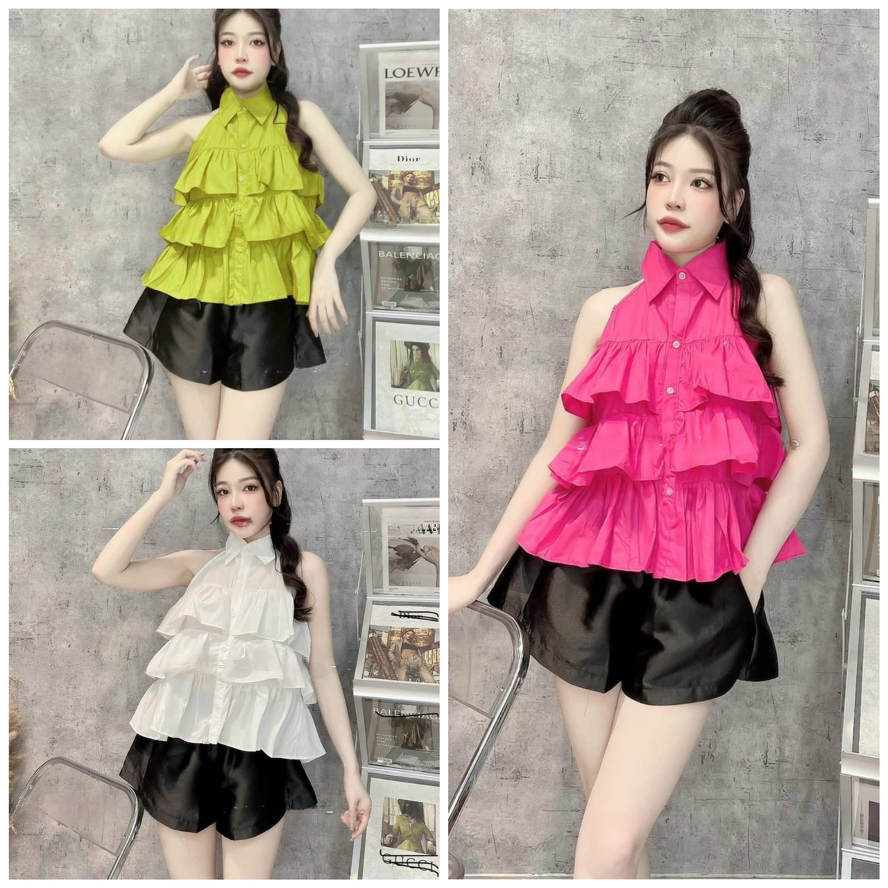 Sét bộ đùi nữ áo cổ bẻ xếp tầng mix quần đùi xinh xắn trẻ trung
