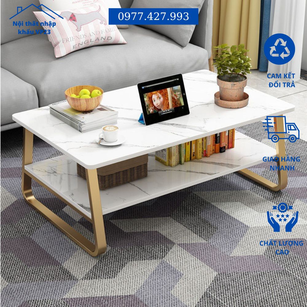 Bàn uống nước, Bàn trà sofa phòng khách vân đá cẩm thạch, Bàn tiếp khách sang trọng lịch sự tiết kiệm không gian, Bàn sofa nhập khẩu 2 tầng để đồ KT100*60*42cm