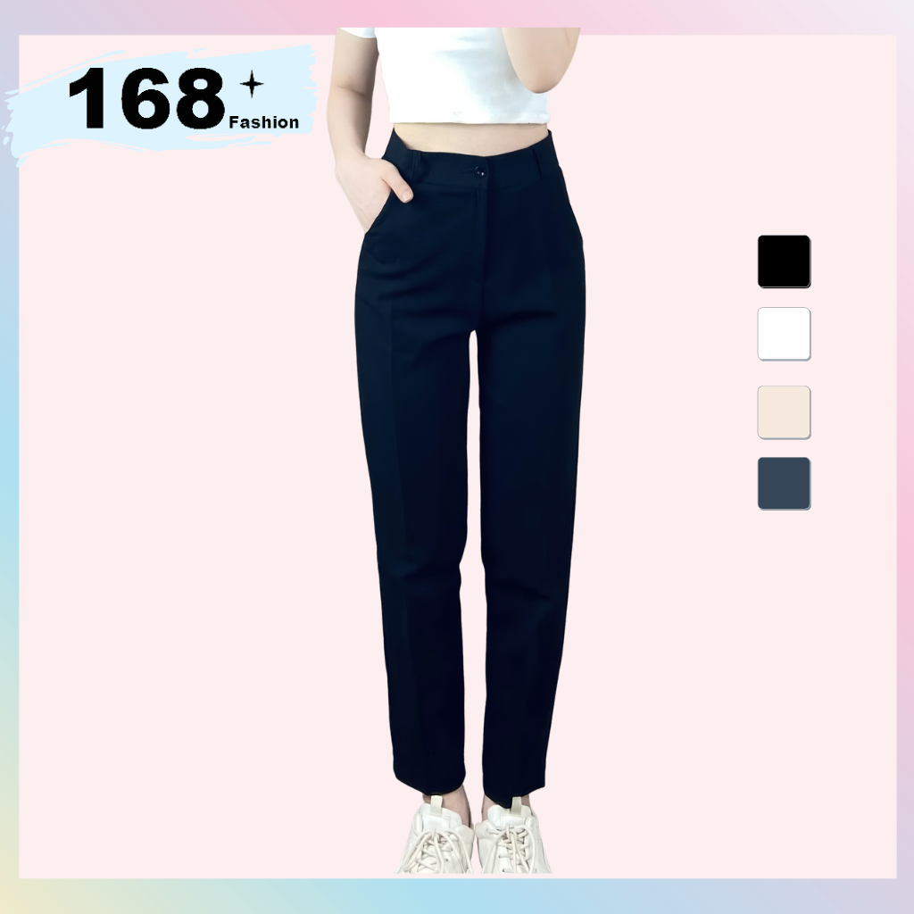 Quần tây nữ baggy đi học 168FASHION (màu đen, trắng, ghi, da), basic, dáng dài 90cm, cạp cao. khóa giữa, ống vừa, vải tuyết mưa ít giãn