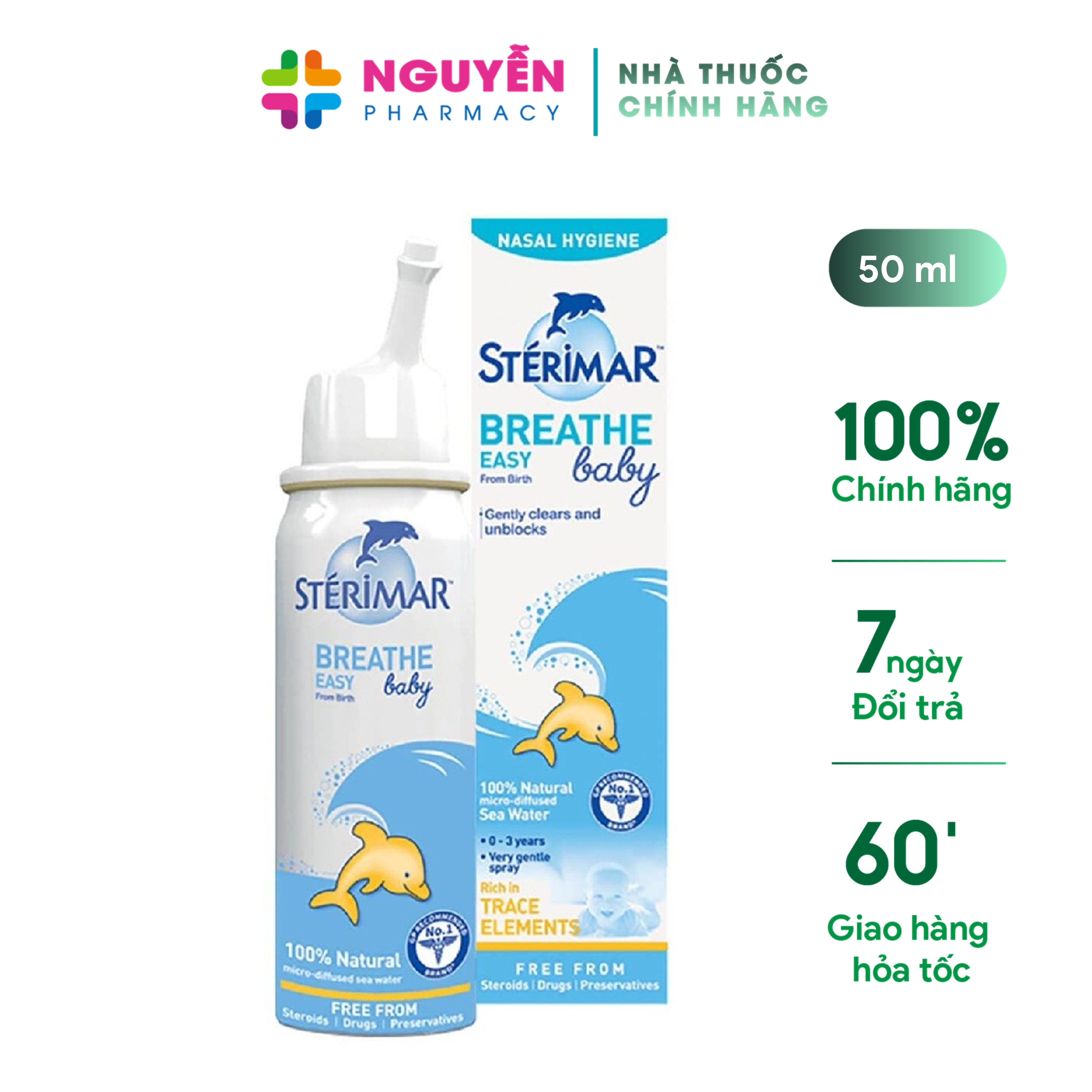 Nước muối biển sâu xịt mũi cá heo Sterimar Baby - làm sạch mũi, ngừa bệnh tai mũi họng