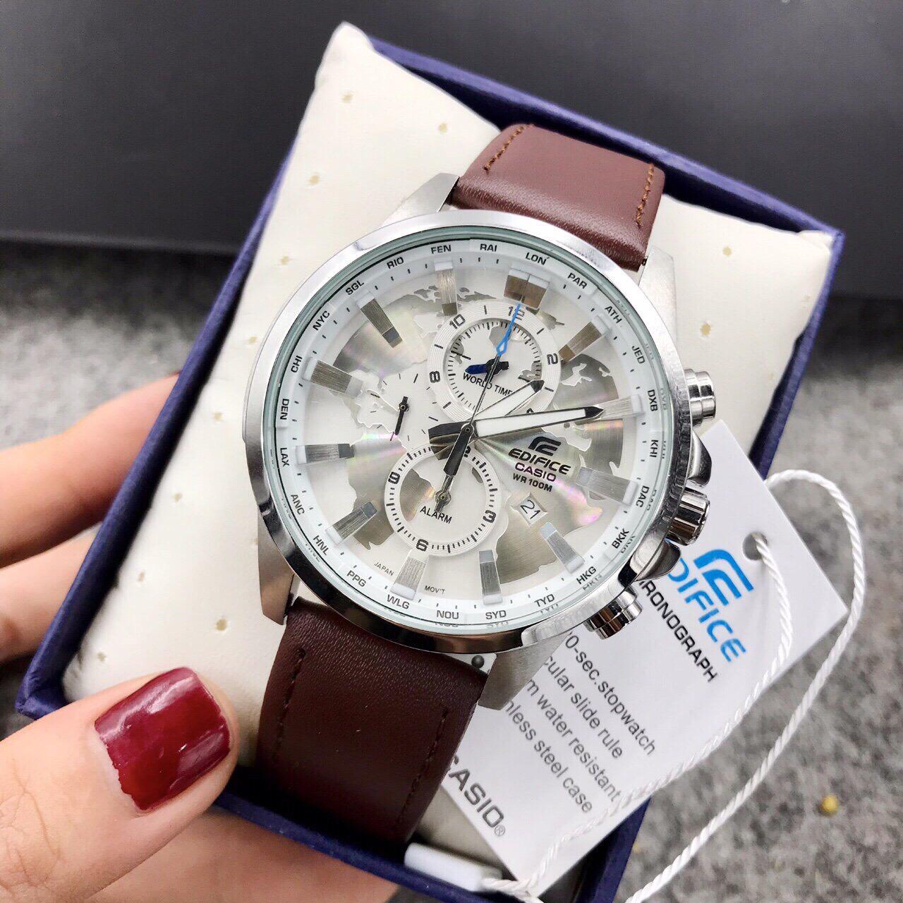 [HCM]Đồng hồ nam dây da CA$IO EDIFICE EF303-1AV Đồng hồ nam mặt tròn Đồng hồ nam cao cấp