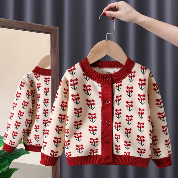 Áo Cardigan len họa tiết cherry cho bé gái ( N00533)