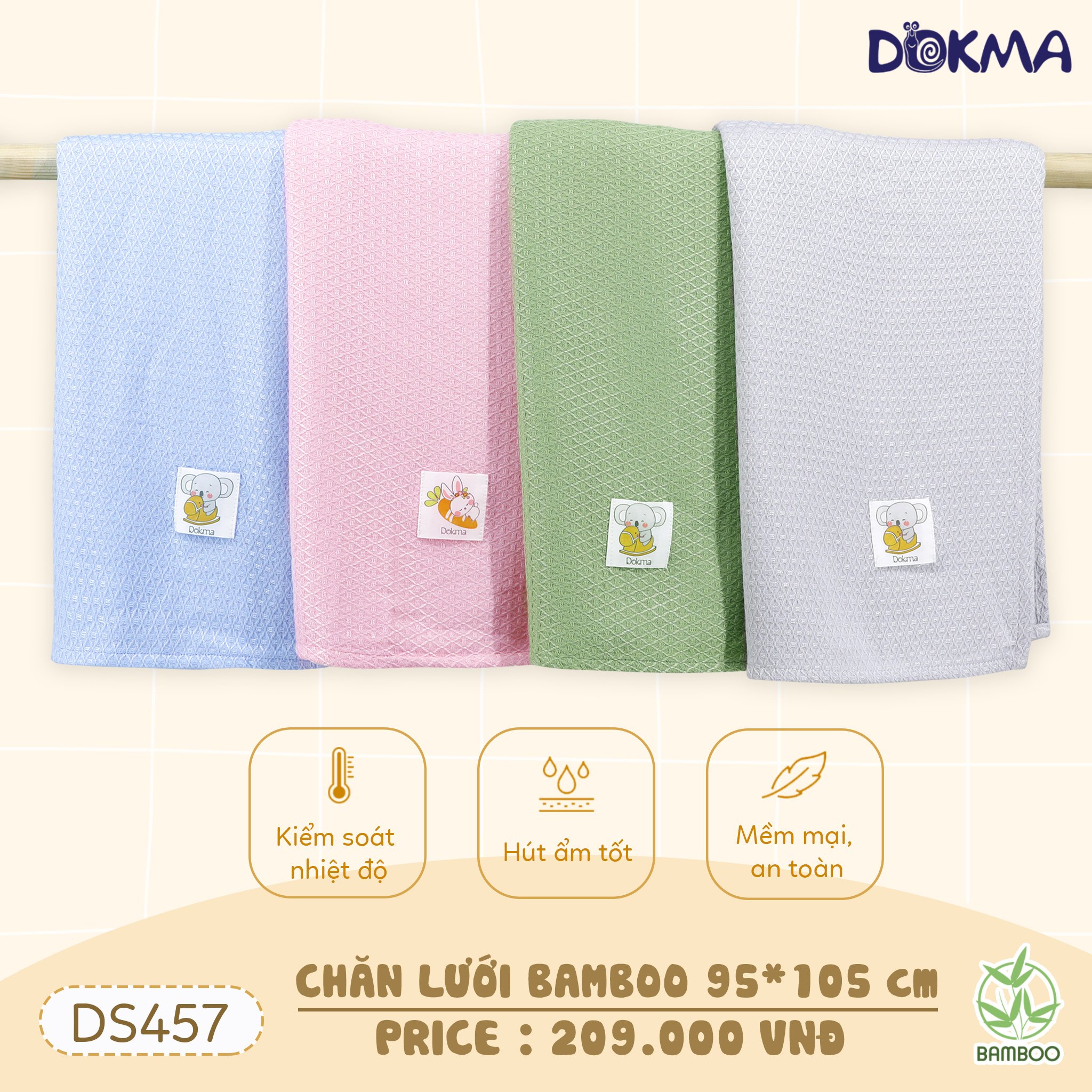 DS457 Chăn lưới bamboo DOKMA cao cấp cho bé từ sơ sinh KT 95x105cm