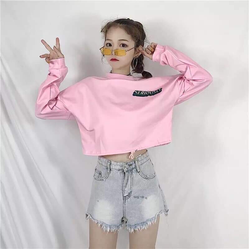 Áo croptop tay dài rút bụng in chữ cute TTSA0349