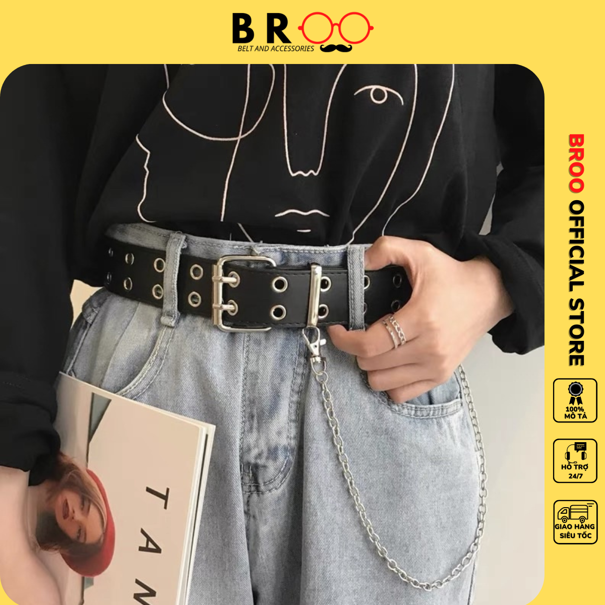 Thắt lưng nam nữ BROO kèm xích chain, dây nịt lưng unisex lỗ tròn kèm xích cài quần cá tính